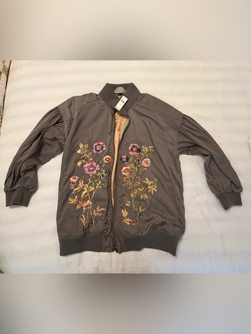NWT By Anthropologie Floral Embroidered Bomber Jacket Moss Green XL